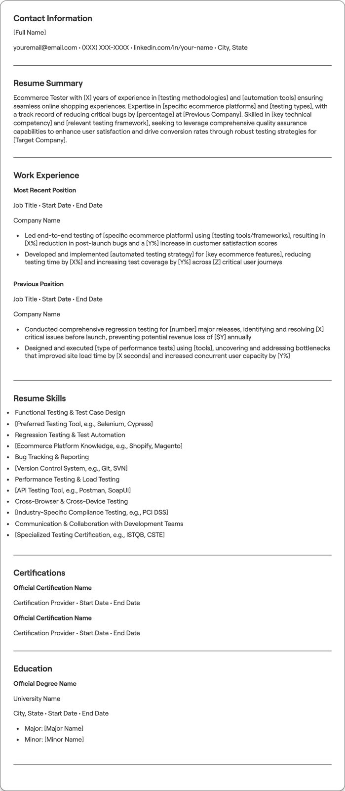 Ecommerce Tester resume example