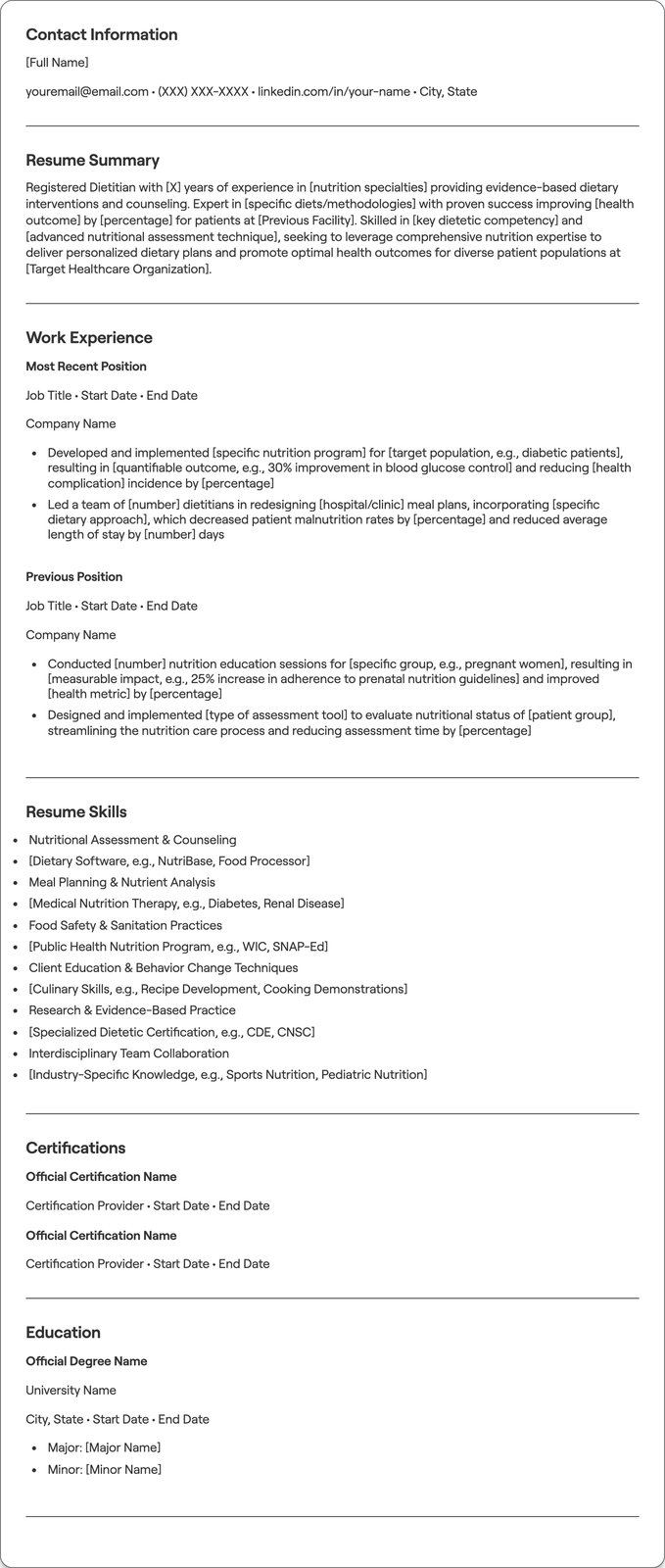 Dietician resume example