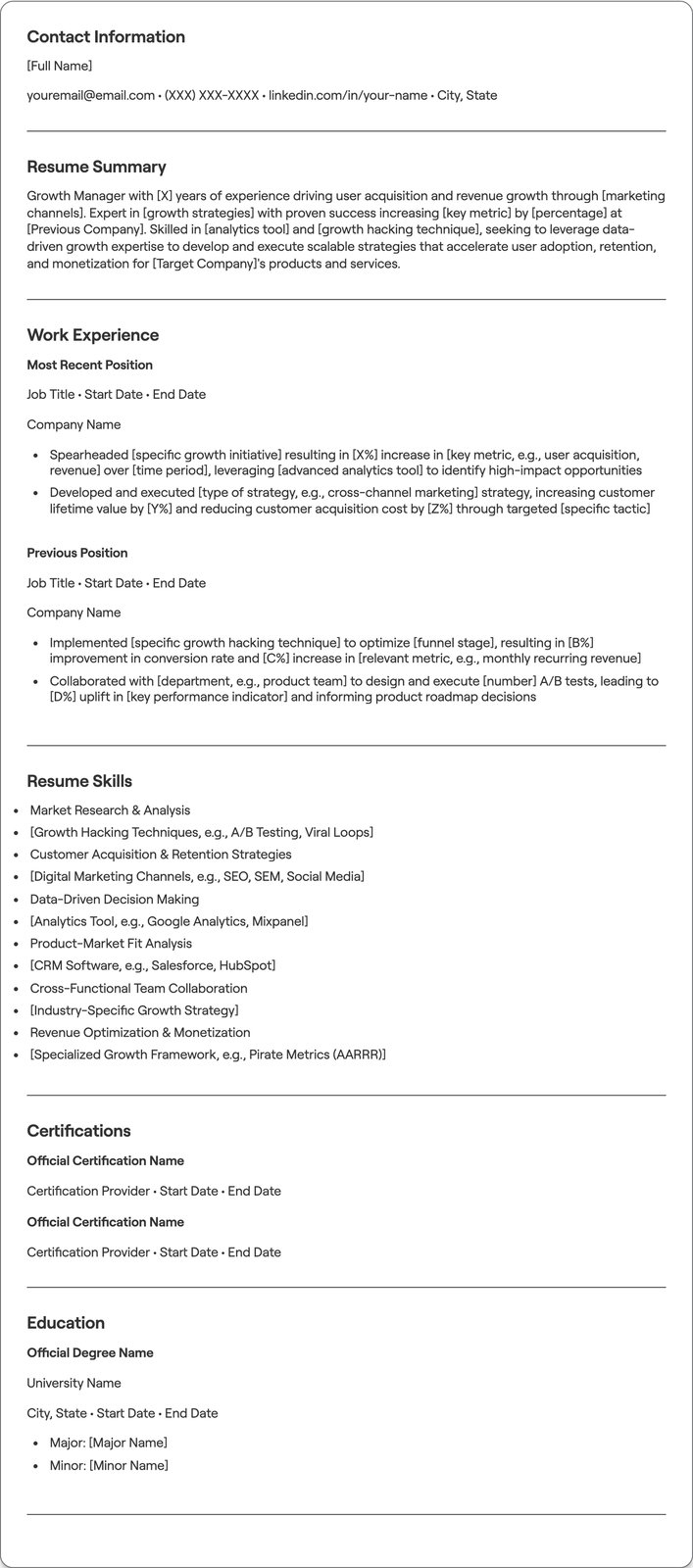 Growth Manager resume example