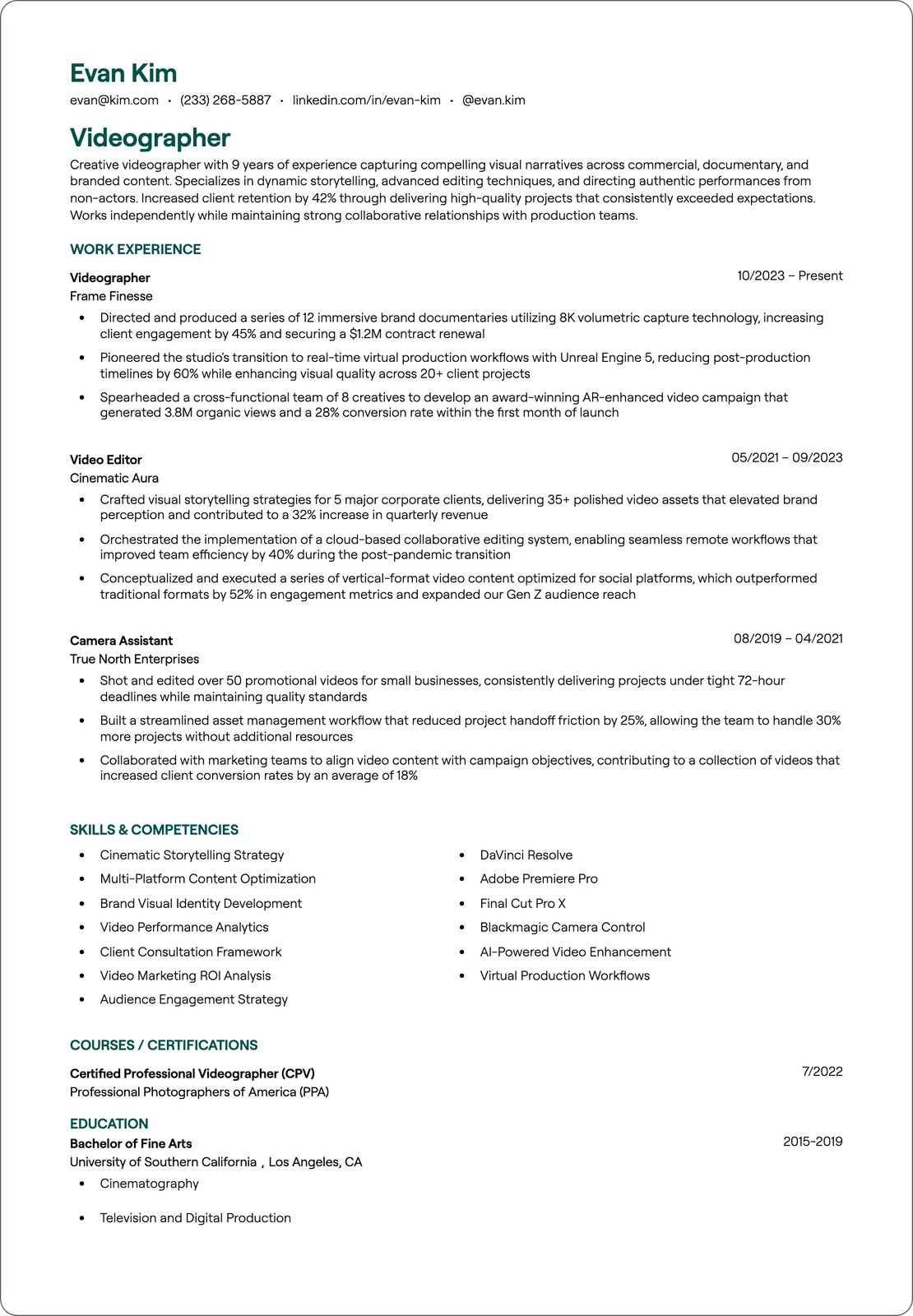Entry Level Videographer resume example