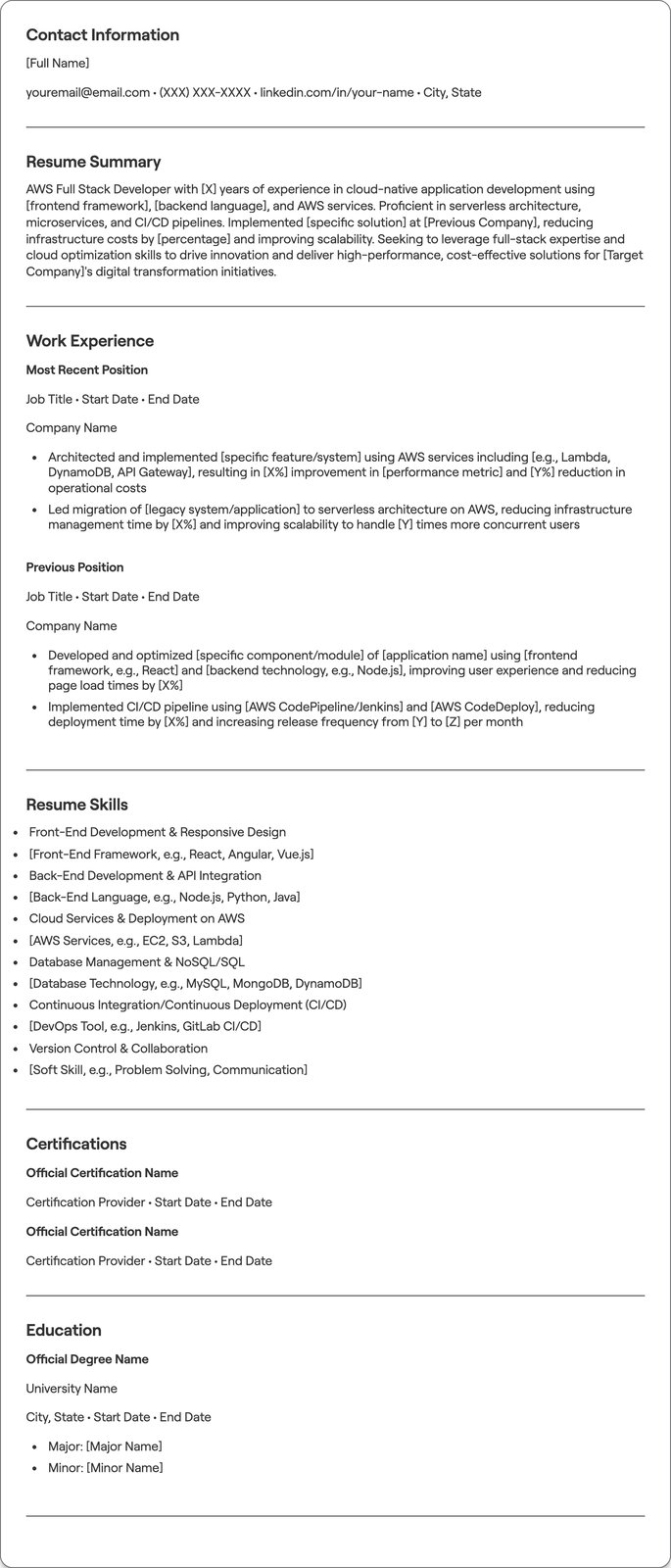 AWS Full Stack Developer resume example