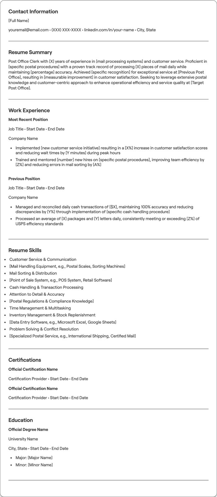 Post Office Clerk resume example