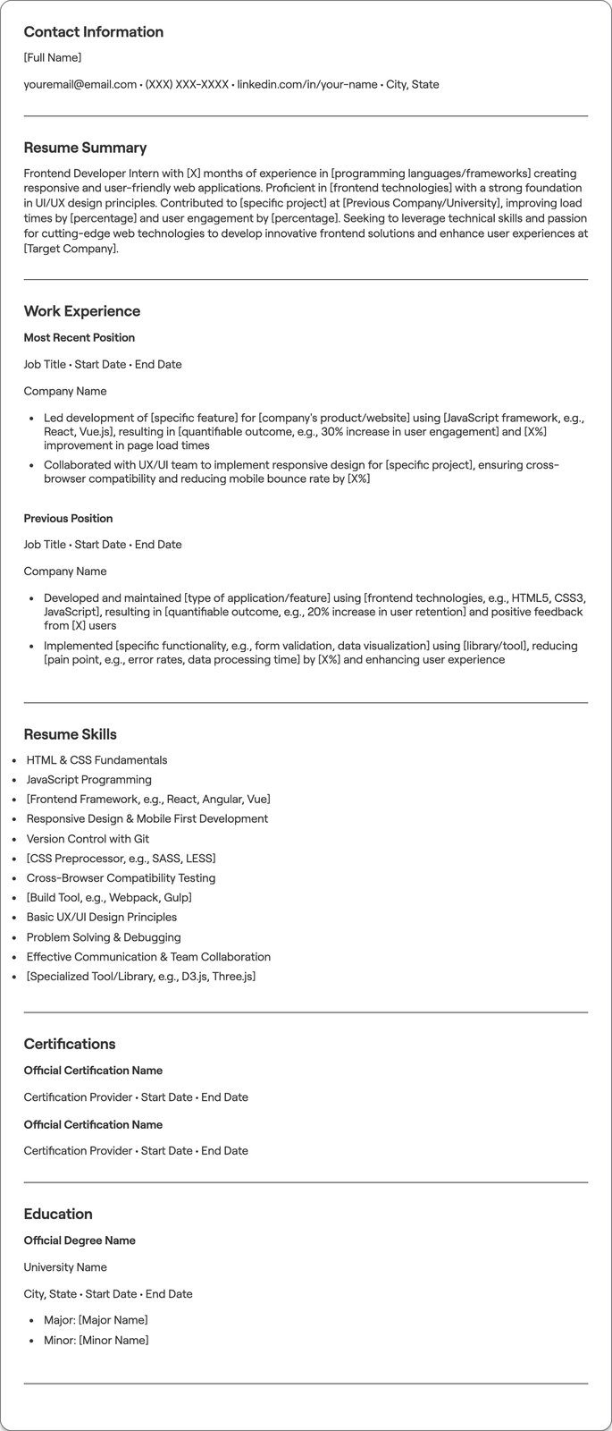 Frontend Developer Intern resume example