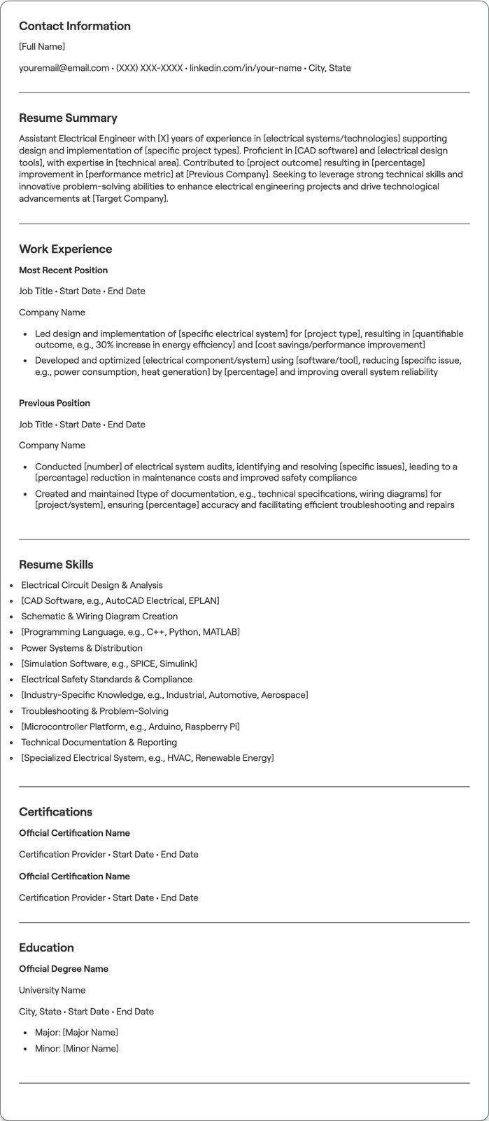 Assistant Electrical Engineer resume example