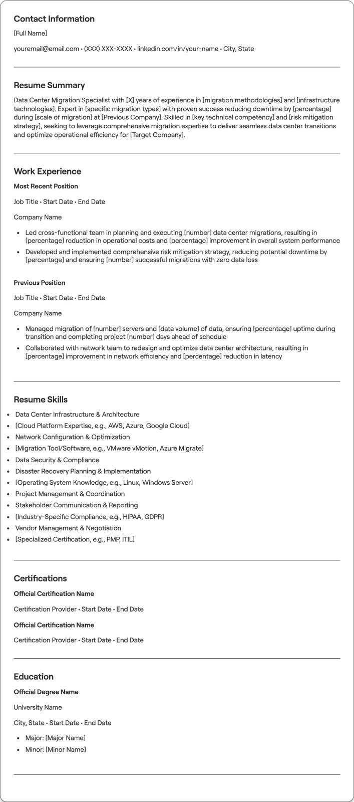 Data Center Migration resume example