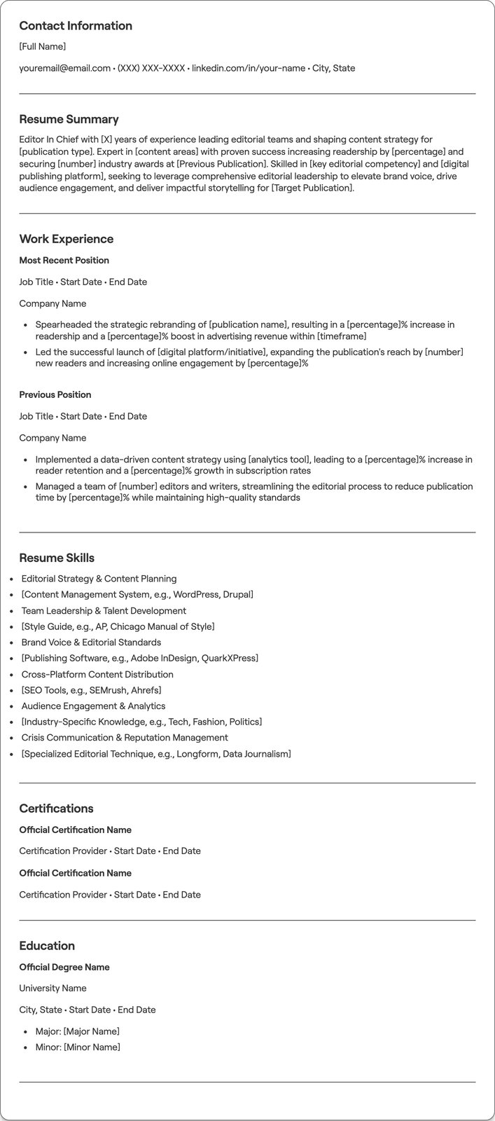 Editor In Chief resume example