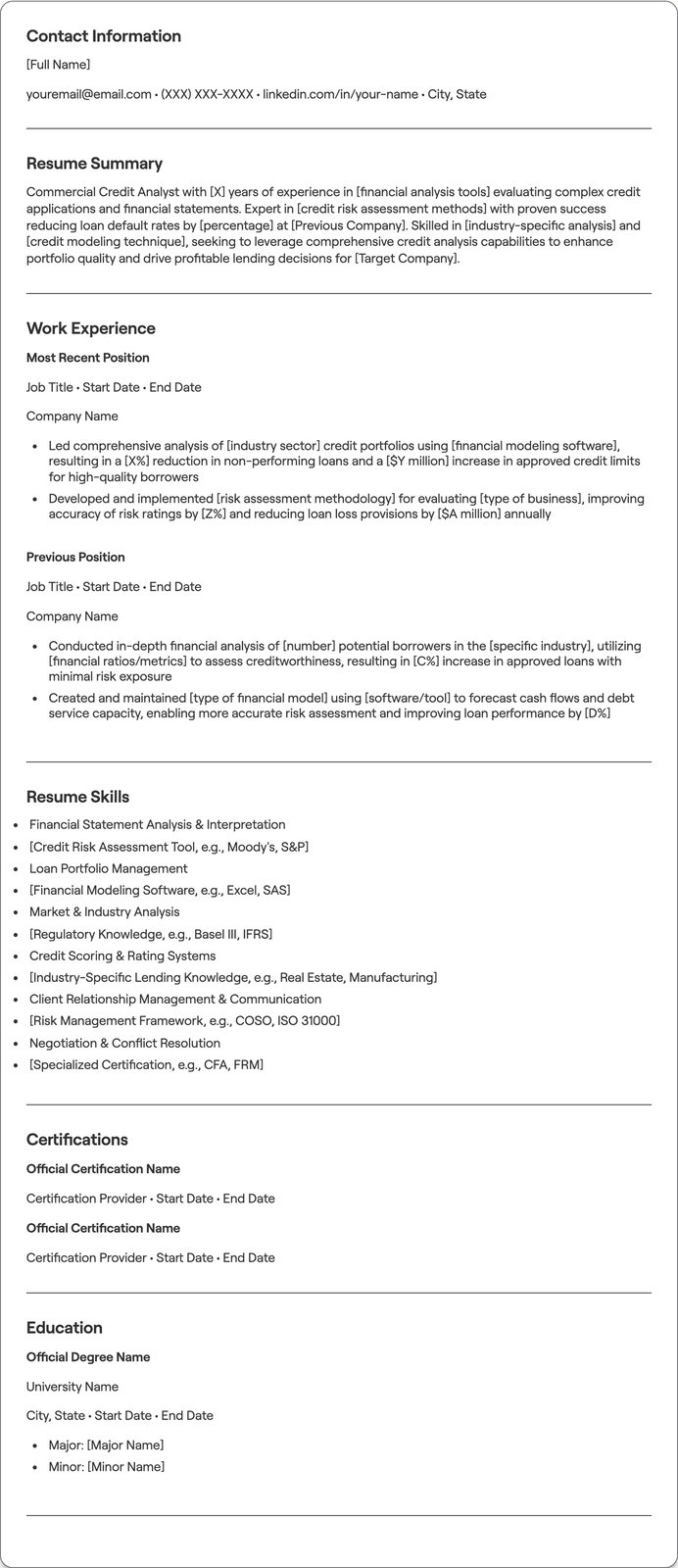 Commercial Credit Analyst resume example