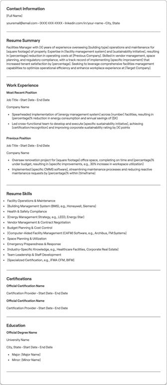 Facilities Manager resume preview