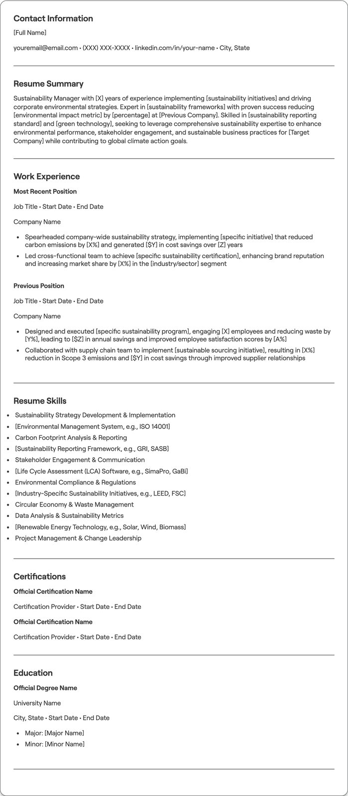 Sustainability Manager resume example