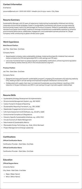 Sustainability Manager resume example