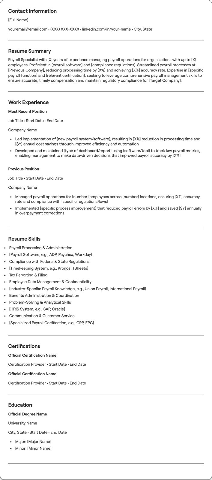 Payroll Specialist resume example