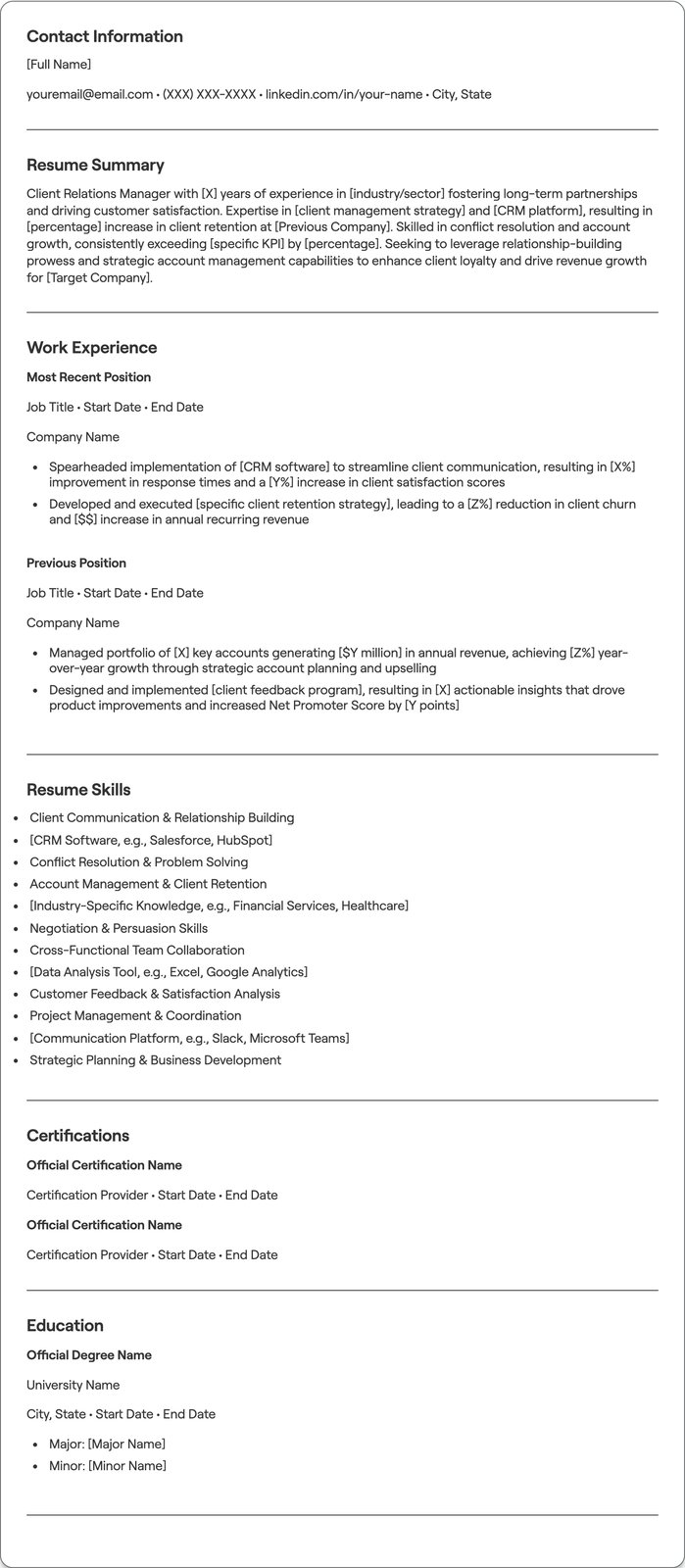 Client Relations Manager resume example