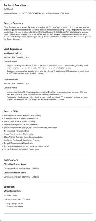 Client Relations Manager resume example