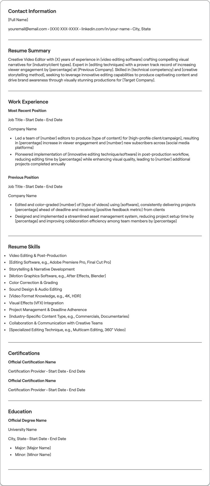 Creative Video Editor resume example