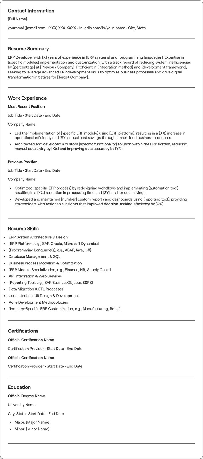 ERP Developer resume example