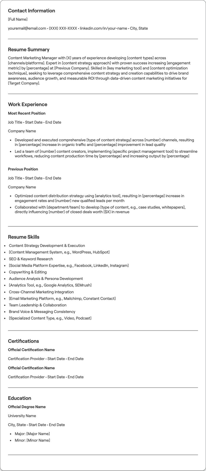 Content Marketing Manager resume example
