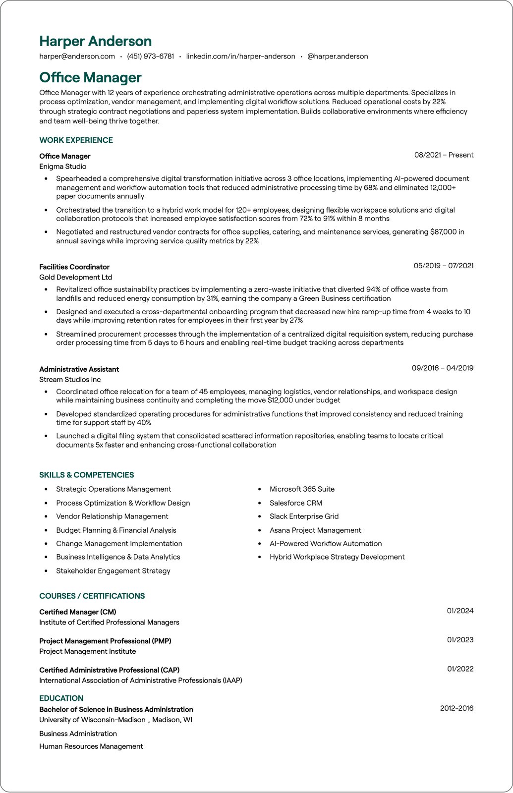 Front Office Manager resume example