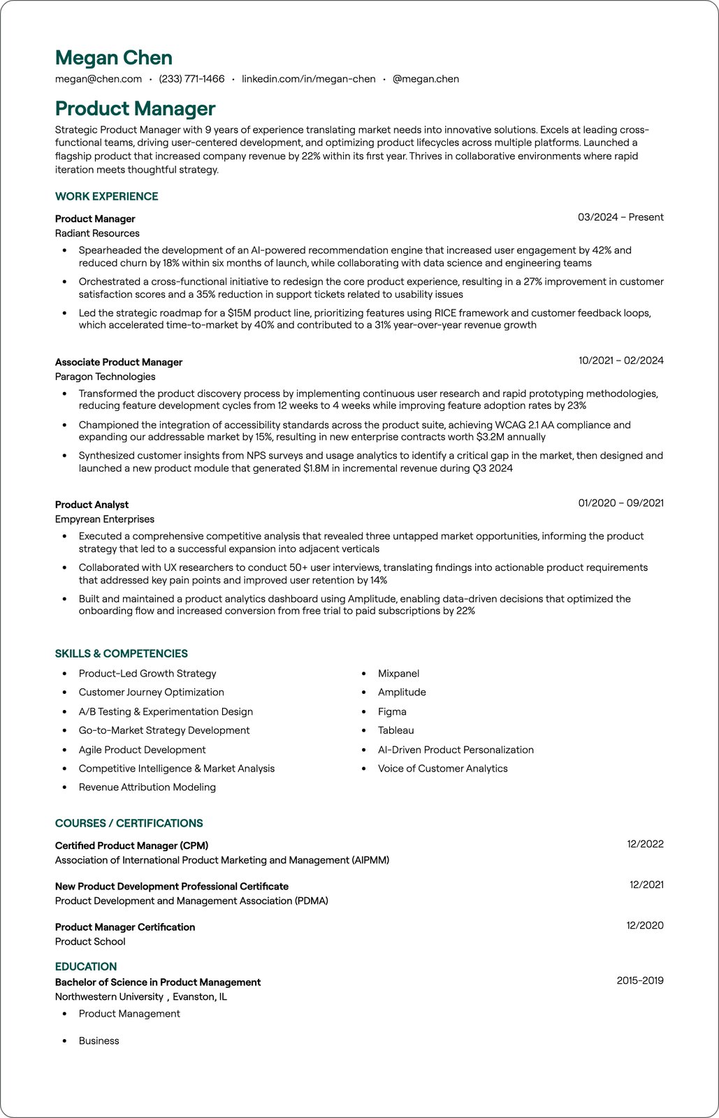 Google Product Manager resume example