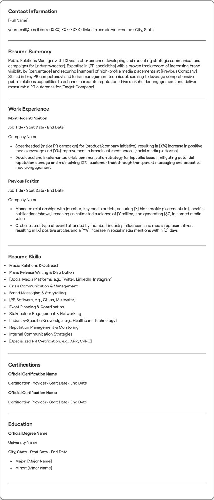 Public Relations Manager resume example