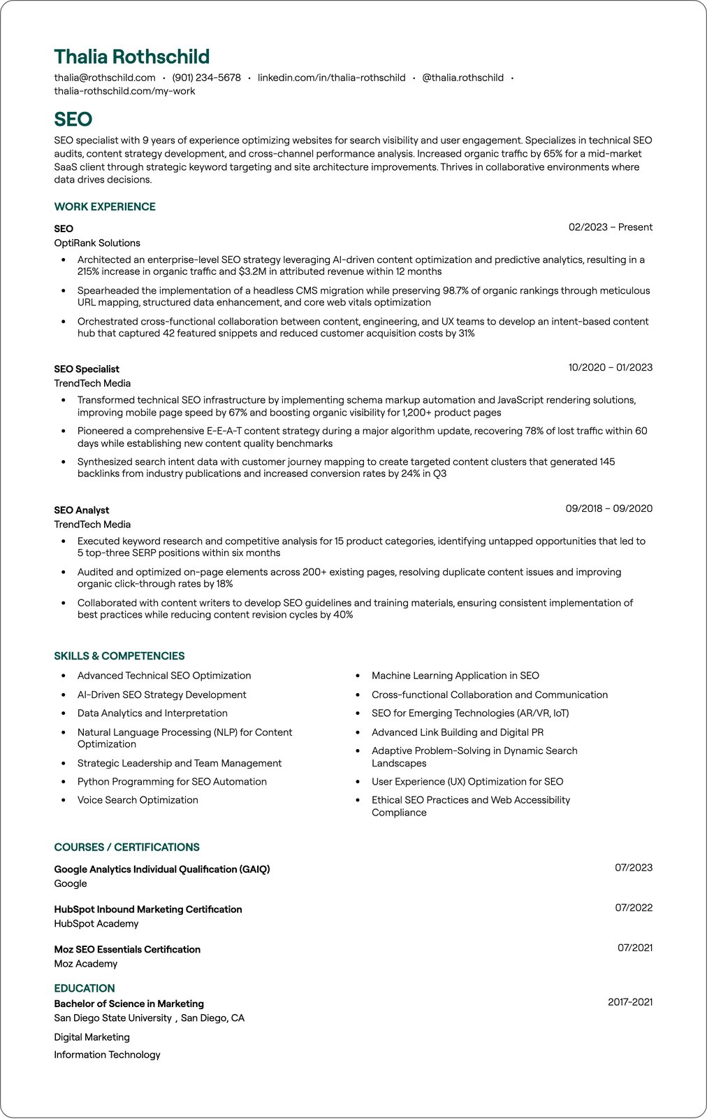 SEO Outreach Specialist resume example