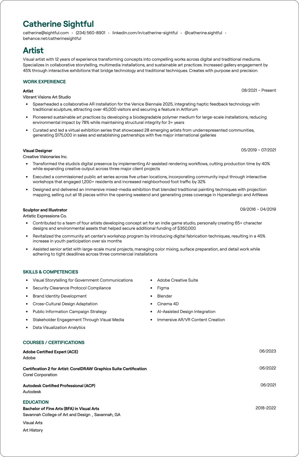 Visual Artist resume example