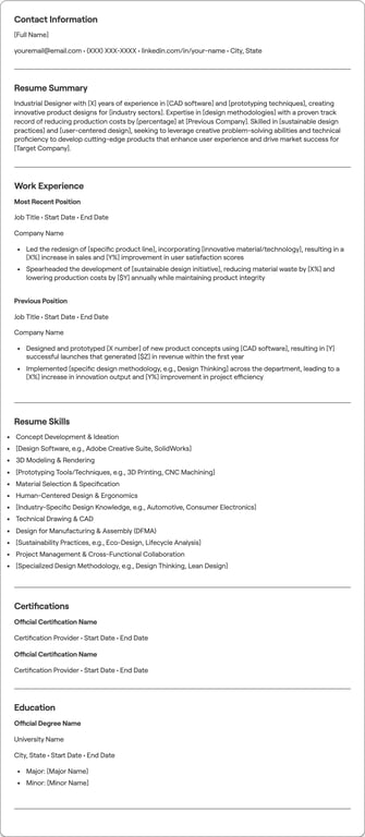 Industrial Designer resume example