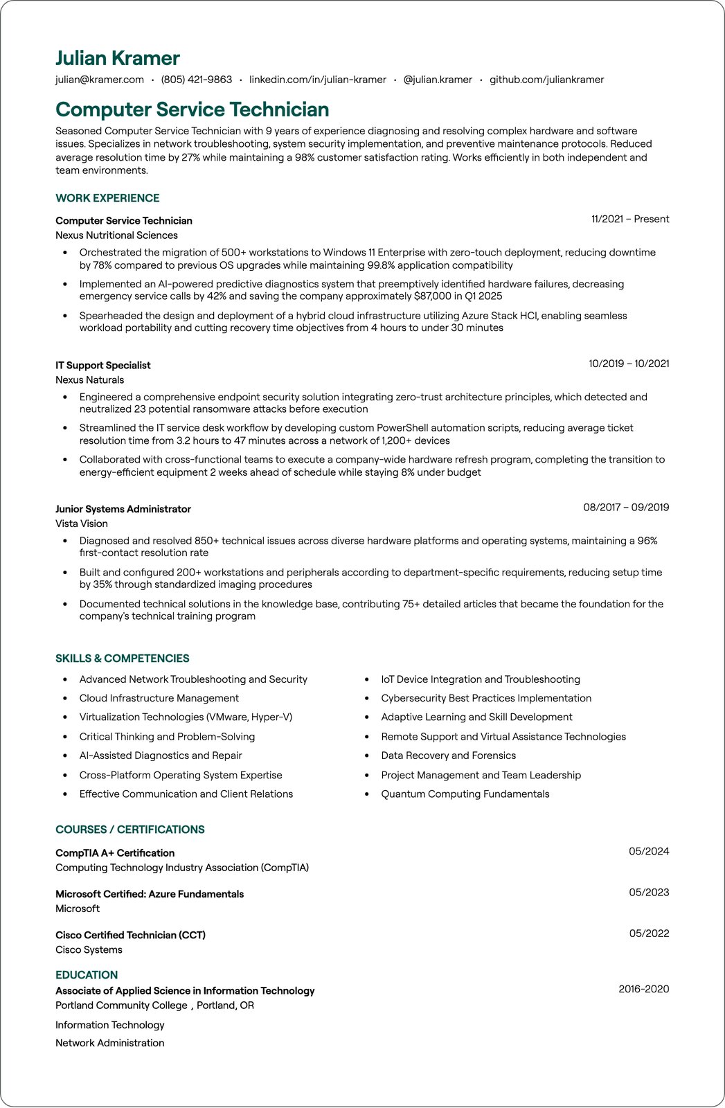 Computer Service Technician resume example