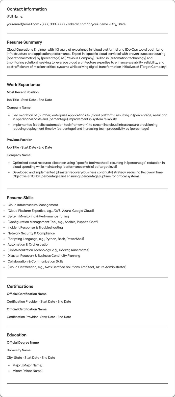 Cloud Operations Engineer resume example