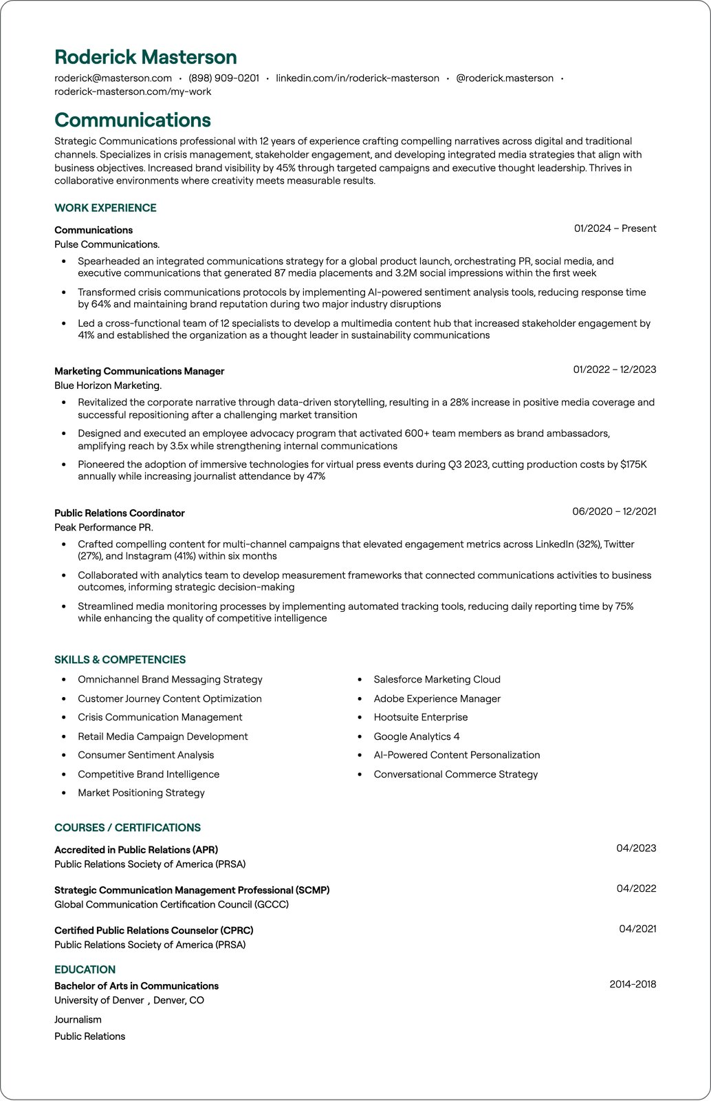 Communications resume example