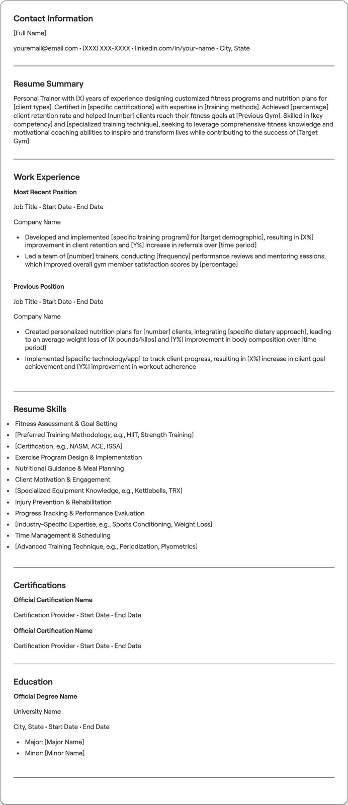 Personal Trainer resume example