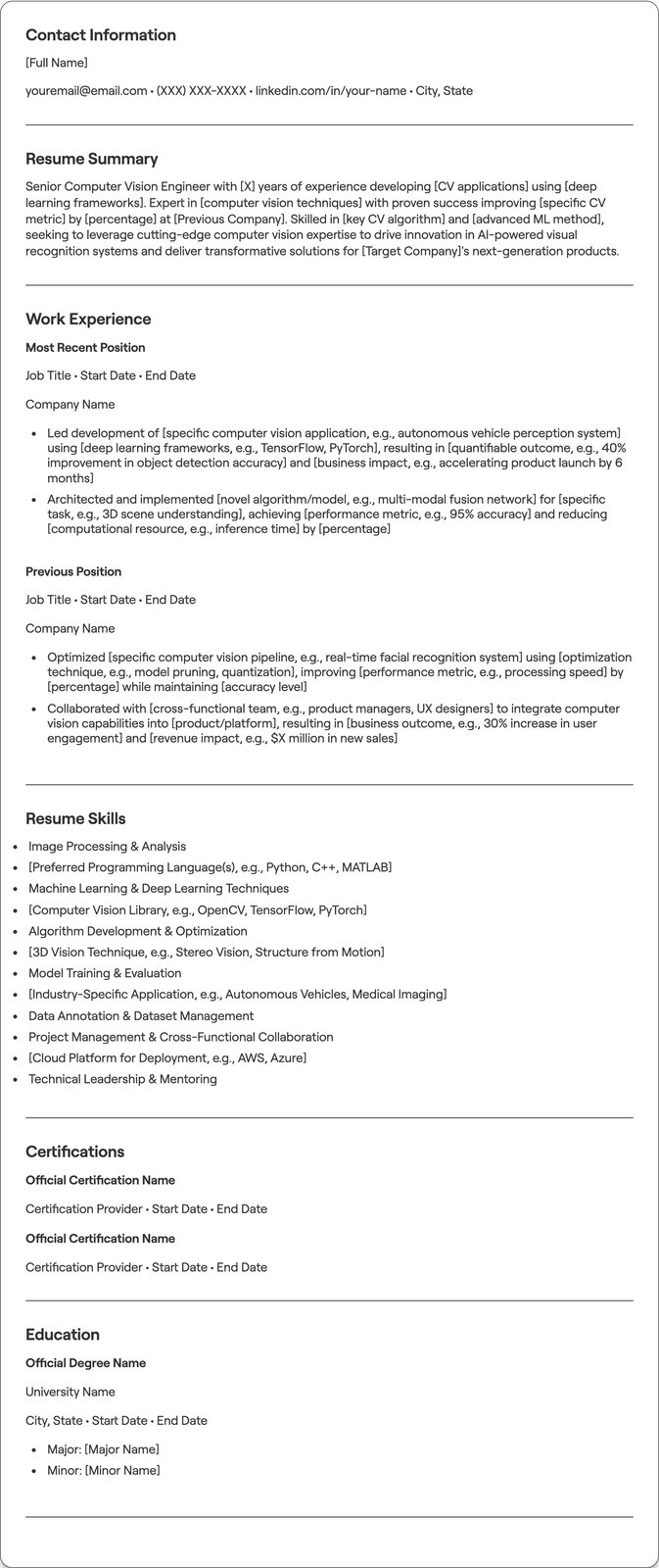 Senior Computer Vision Engineer resume example