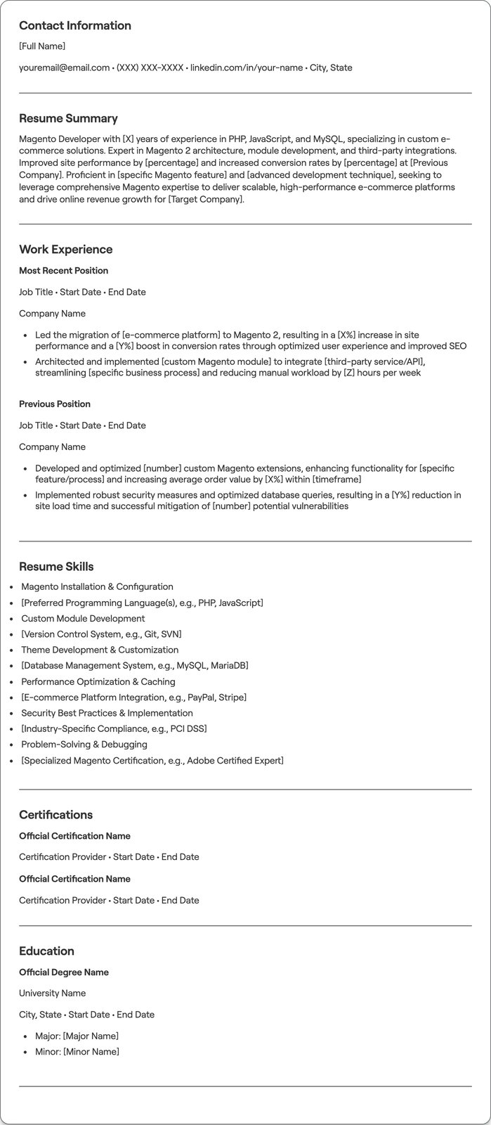 Magento Developer resume example