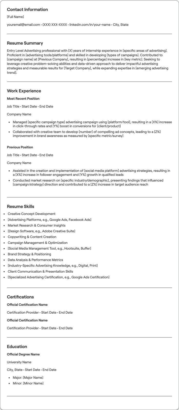 Entry Level Advertising resume example