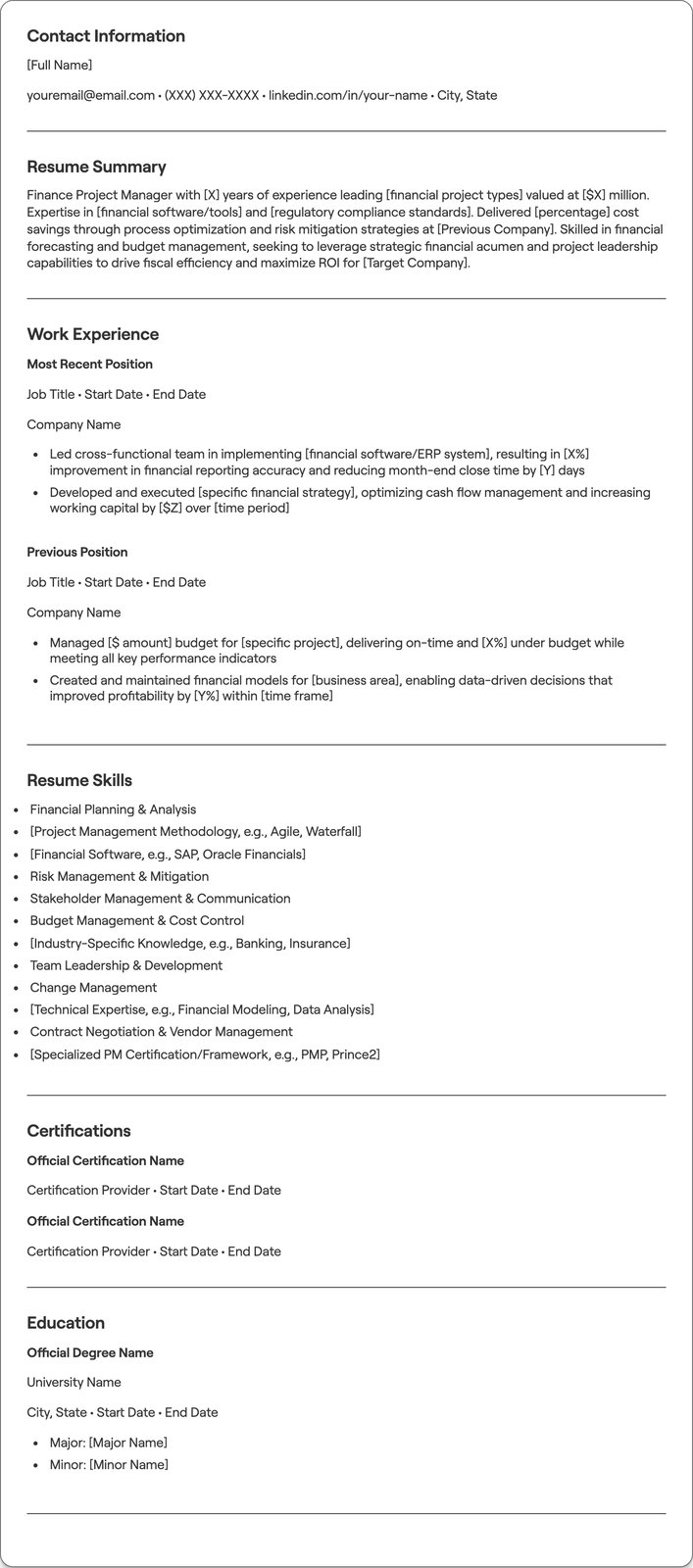 Finance Project Manager resume example