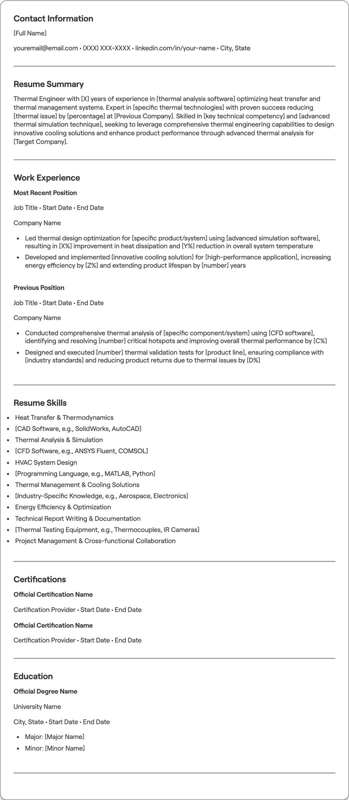 Thermal Engineer resume example