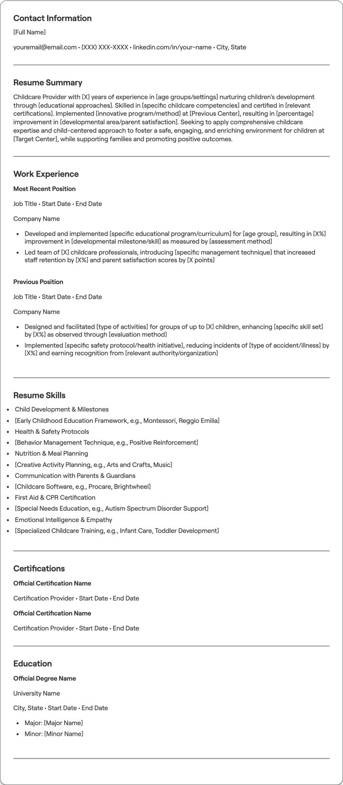 Childcare Provider resume example