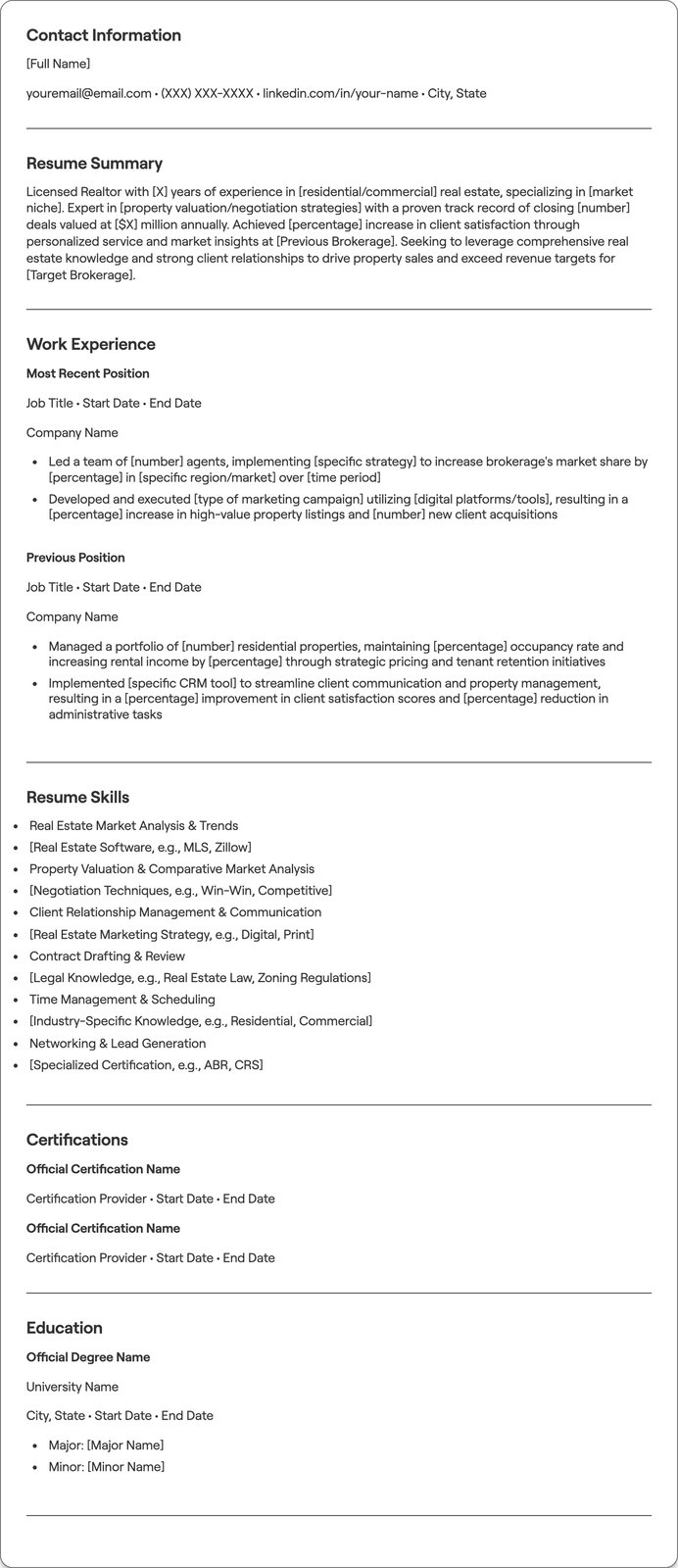 Licensed Realtor resume example