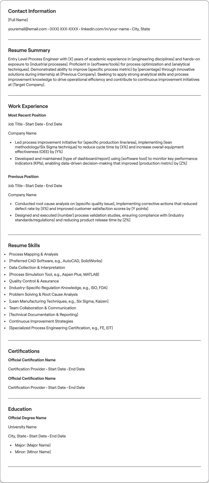 Entry Level Process Engineer resume example