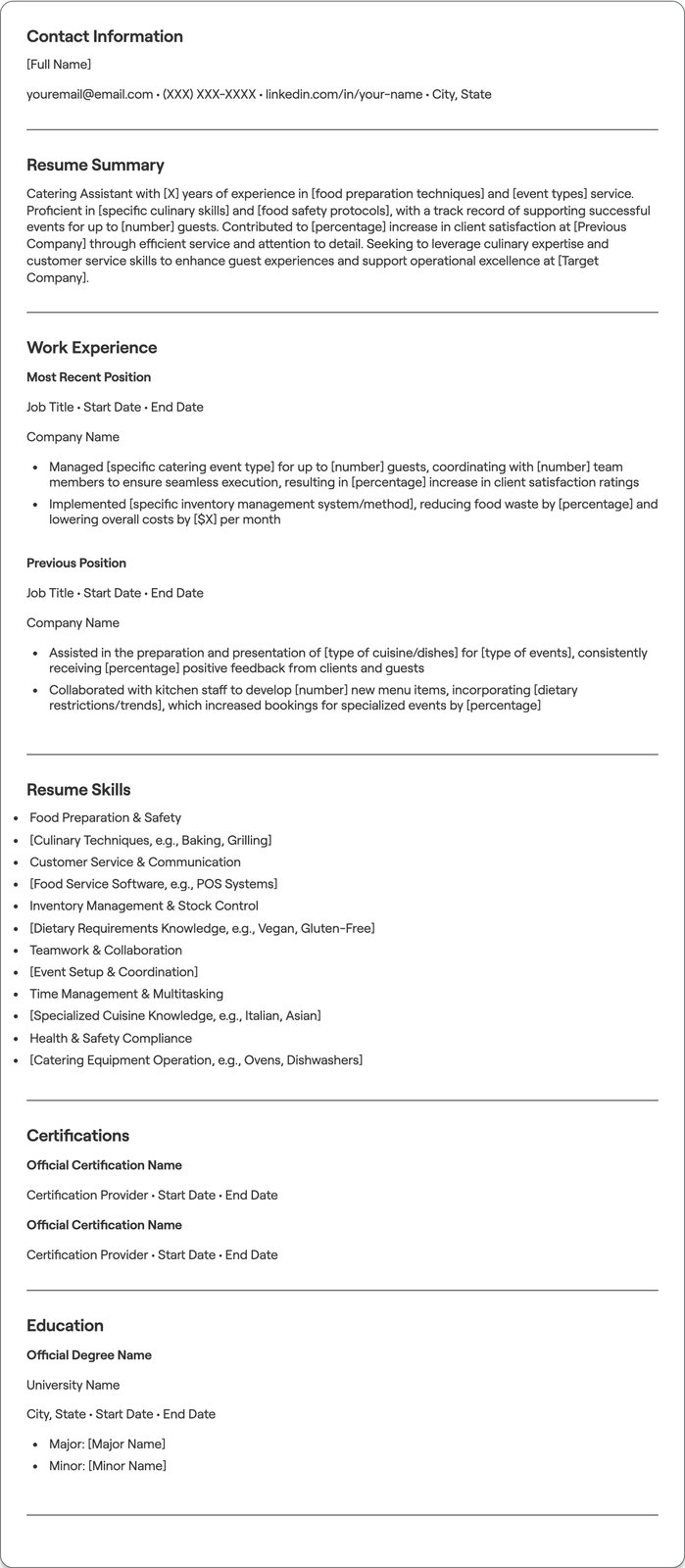 Catering Assistant resume example