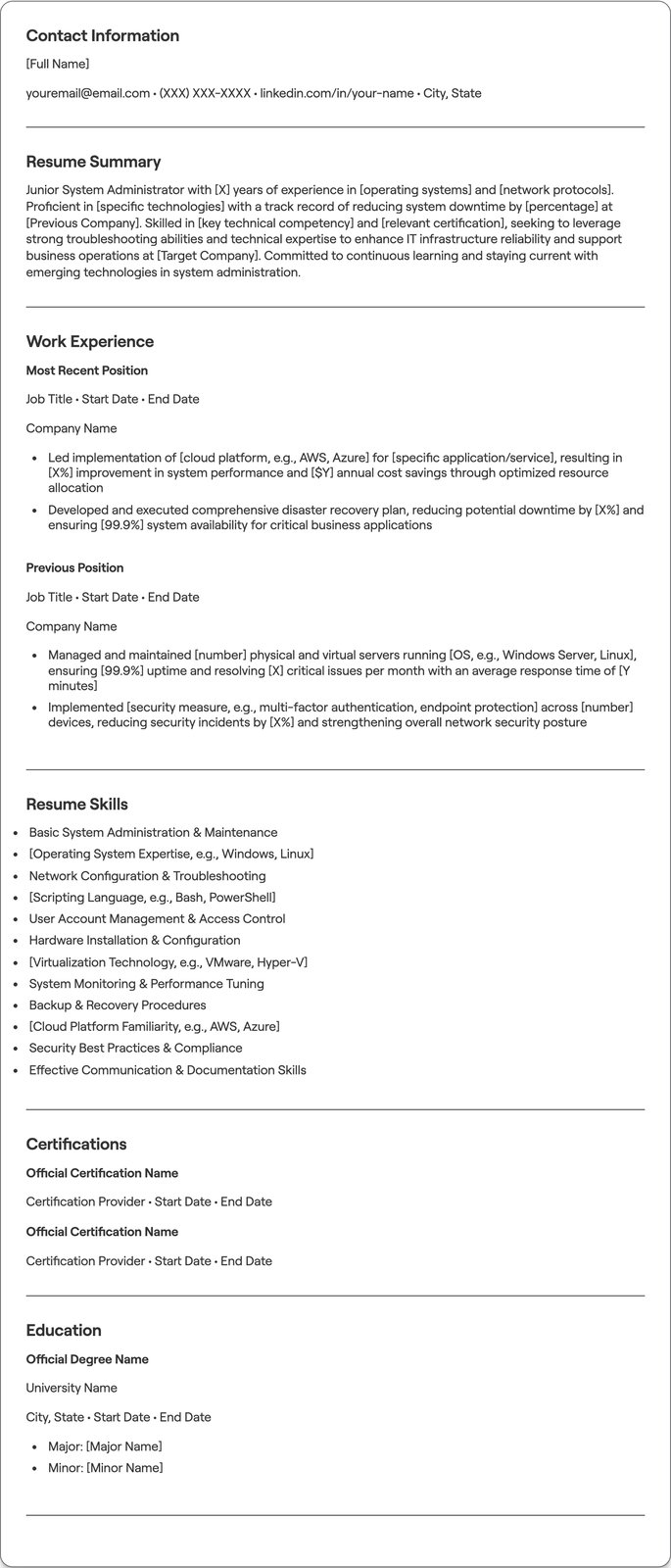 Junior System Administrator resume example