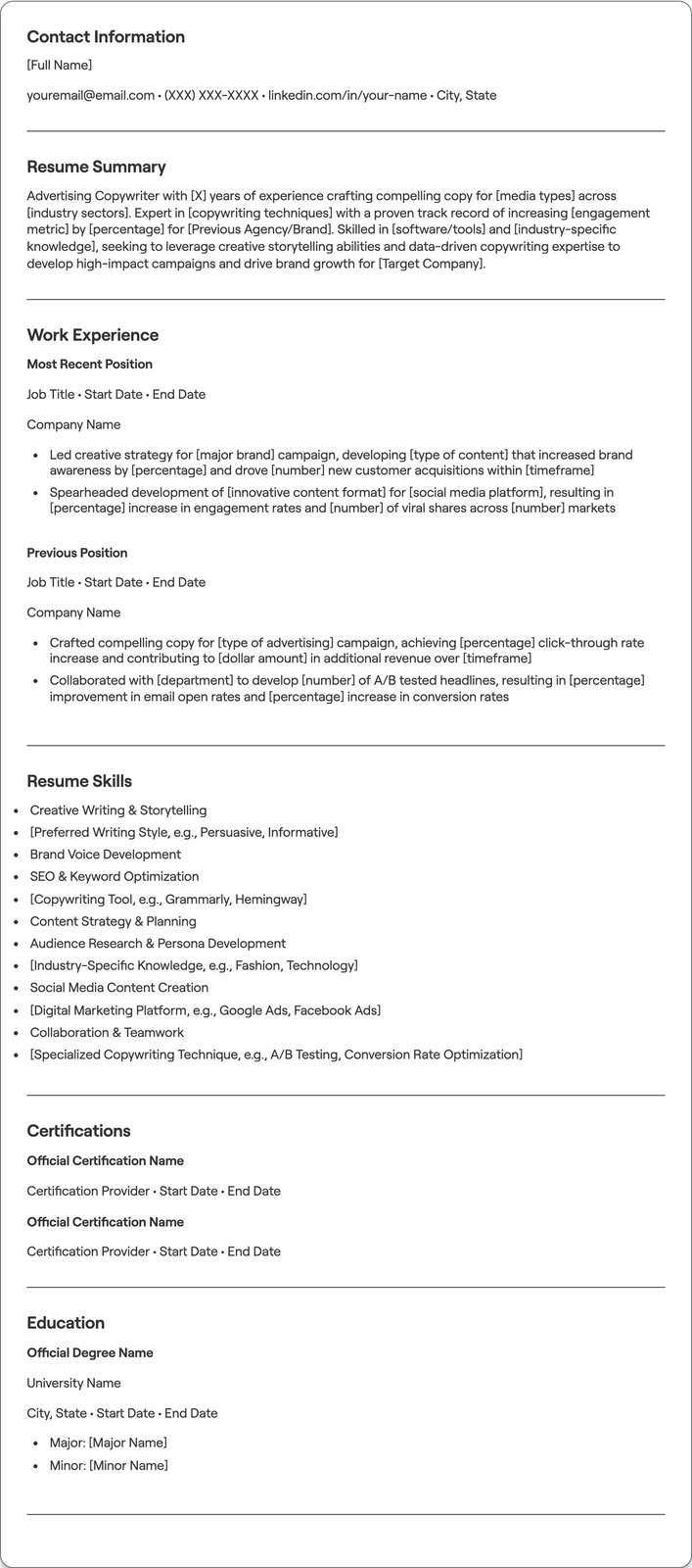 Advertising Copywriter resume example