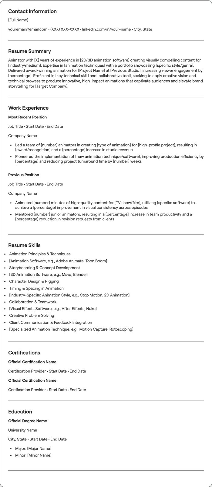Animator resume example