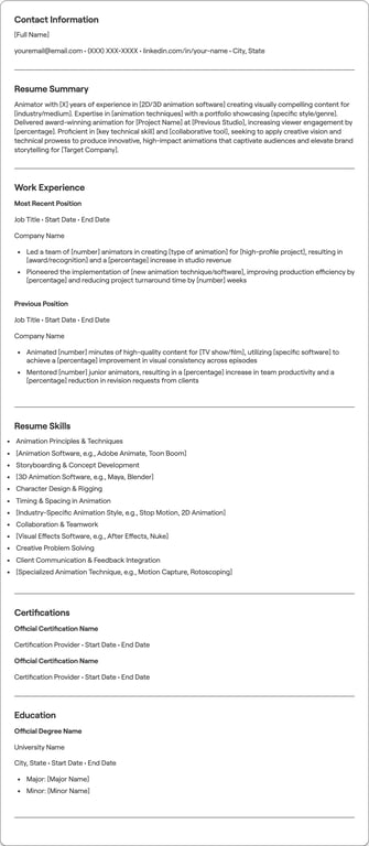 Animator resume preview