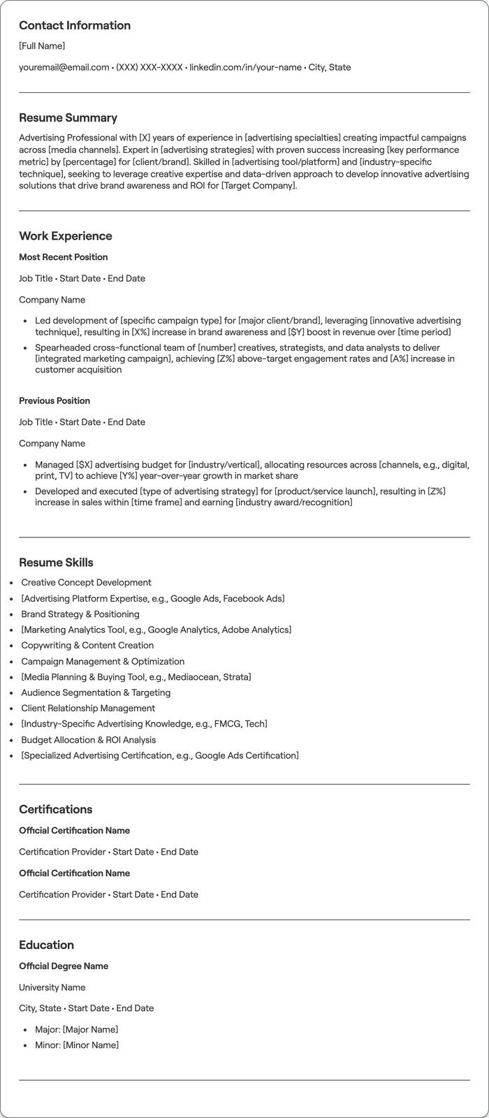 Advertising resume example