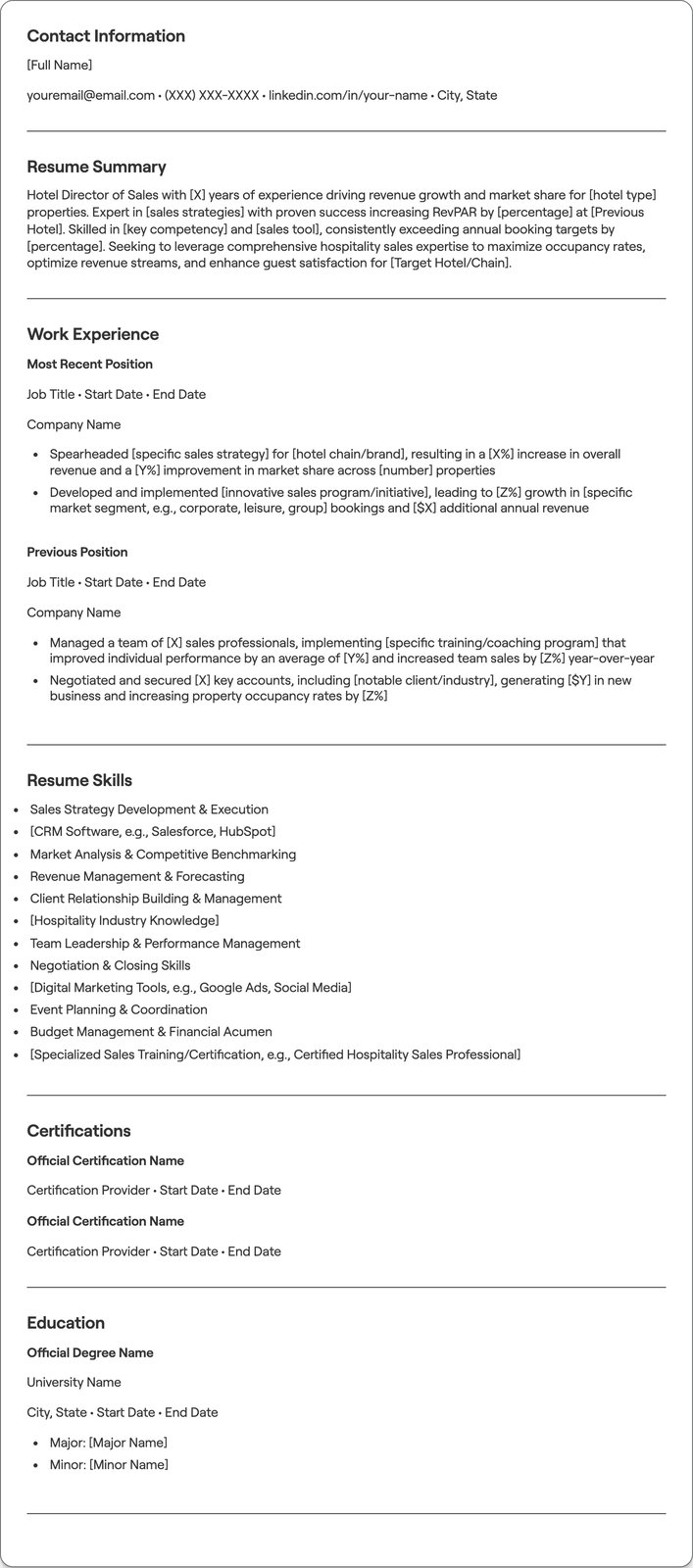 Hotel Director of Sales resume example