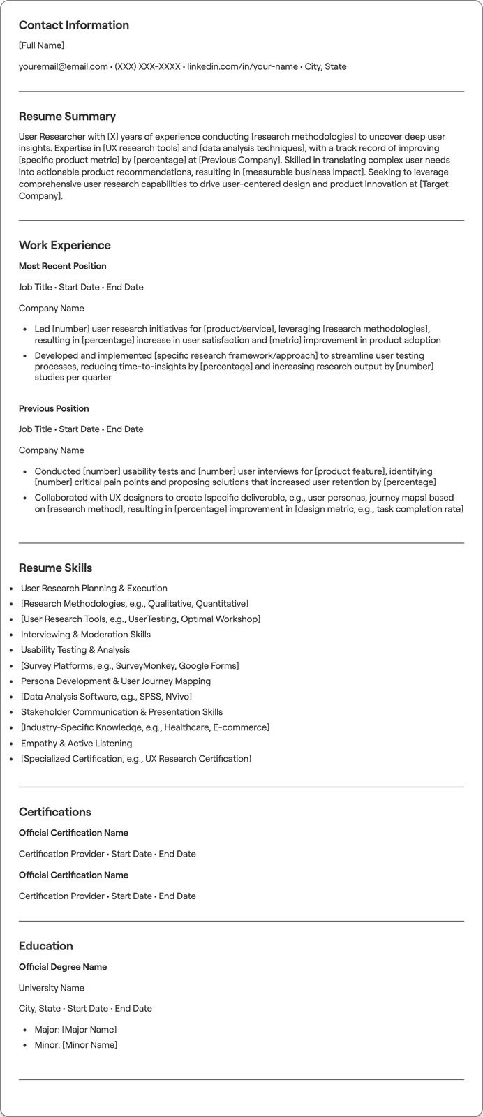 User Research resume example