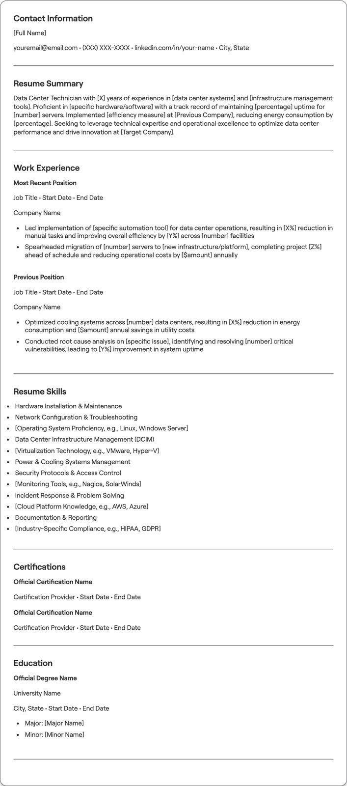 Data Center Technician resume example