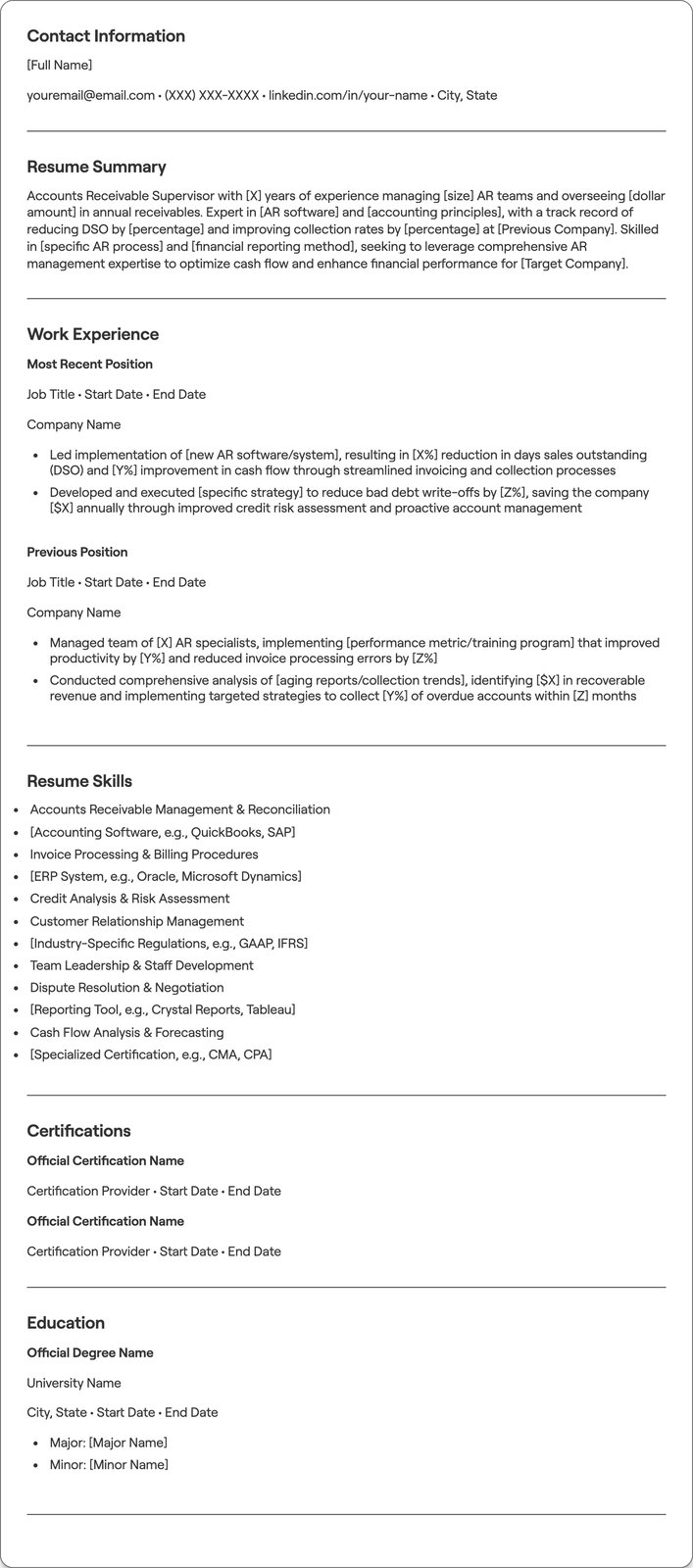 Accounts Receivable Supervisor resume example