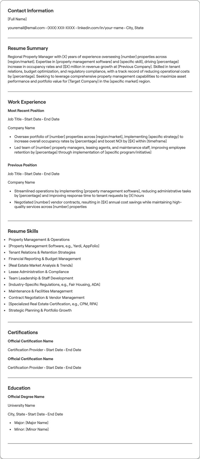 Regional Property Manager resume example