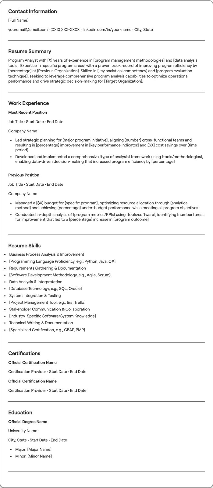 Program Analyst resume example